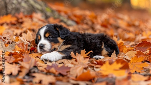 A black-and-white pup lies atop a leaf mound by a tree, amidst an orange-yellow forest in autumn under the sun photo