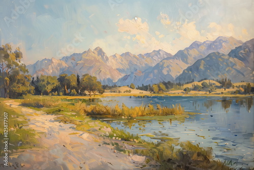 vintage muted colors oil painting of the countryside with a lake mountains in background and clear sky