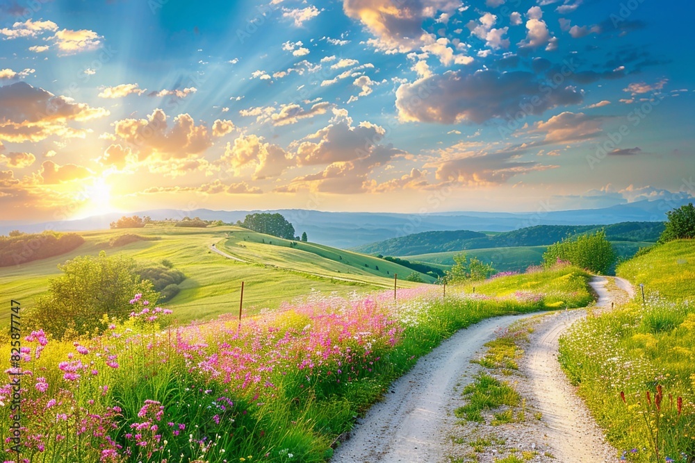 Fototapeta premium Countryside Escape: Picture of a rural road winding through fields of flowers and rolling hills, illuminated by the soft glow of summer sunlight, ideal for outdoor activities.