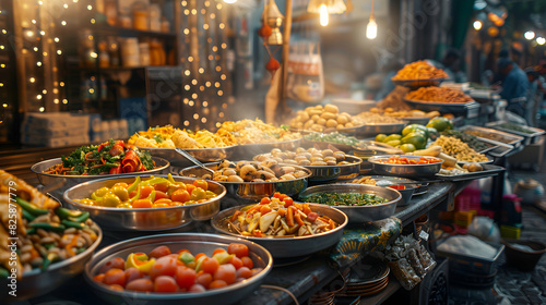 Vibrant Street Food Market Scene: High Res Overview Image with Variety of Delicious Options and Exciting Atmosphere