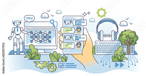AI chat bot and artificial intelligence support app outline hands concept. Software with advanced talking, research and informative technology vector illustration. Smart virtual robot application.