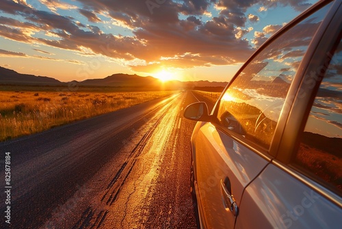 Sunset Drive: Picture capturing a car traveling along a scenic road at sunset, with warm natural light casting a golden glow over the landscape, perfect for summer adventures.