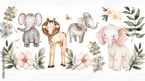 Elegant safari baby shower elements set with pastelcolored animals, botanical illustrations, and customized party invitations photo