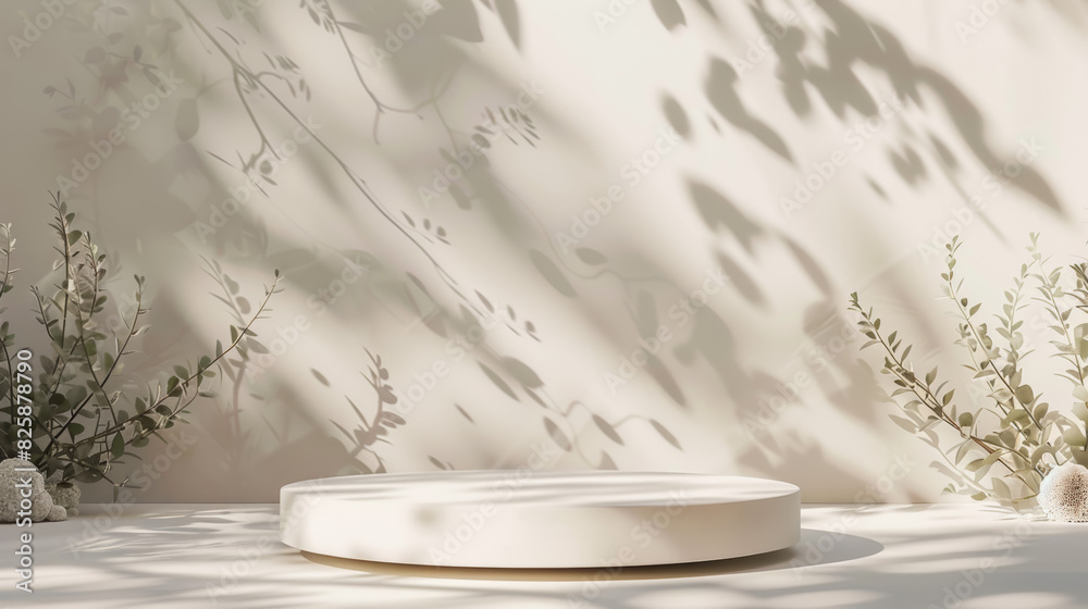 A 3D product rendering of a sleek white podium, placed in front of an abstract, nature-inspired background A 3D product rendering of a sleek white podium, placed in front of an abstract, nature-inspired background