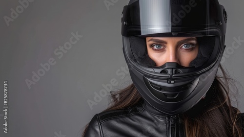 The female wearing a motorcycle helmet against a grey backdrop photo