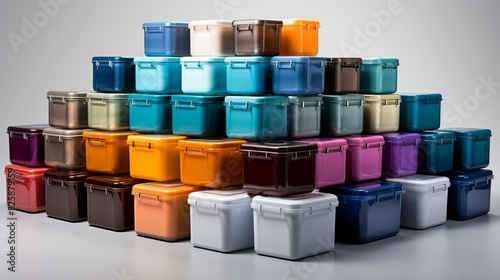 A clean presentation of plastic storage boxes with snap-on lids, arranged on a white background, perfect for organizing items, retail packaging, or food storage. photo