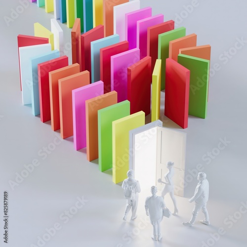 Mock up people Ready to entrance A white door Open with Lighting arranged be hide colorful box in the back line. Creative idea concept. 3D Rendering