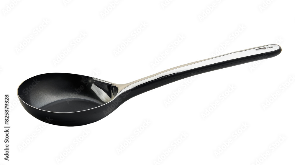A black spoon with a white handle laid on a clean white background A black spoon with a white handle laid on a clean white background