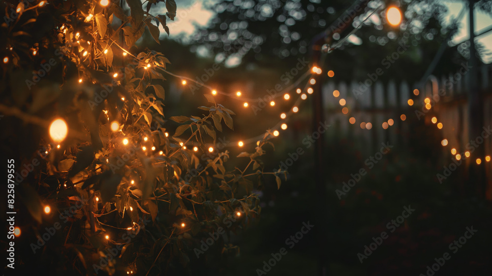 Mystical evening setting in a garden with foliage illuminated by twinkling string lights, creating a magical vibe Mystical evening setting in a garden with foliage illuminated by twinkling string lights, creating a magical vibe