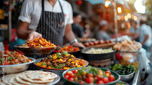 Expert Street Food Tour Guide Showcasing Dishes to Tourists in High Resolution Image with Glossy Backdrop, Emphasizing Educational Aspect of Culinary Tours | Photo Stock Concept