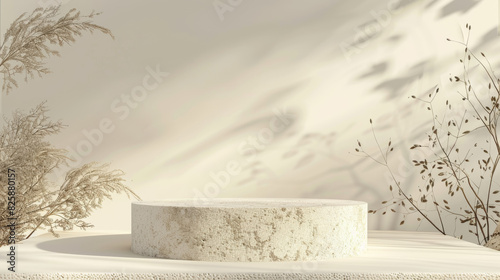A 3D render of a white stone podium, elegant and smooth, with an abstract nature background © otter2