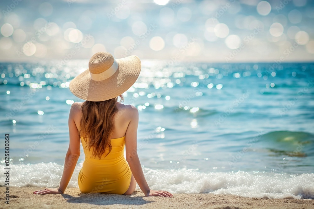 A woman on vacation, sitting in a swimsuit and a wide-brimmed straw hat on the beach on a sunny day and looking at the sea.