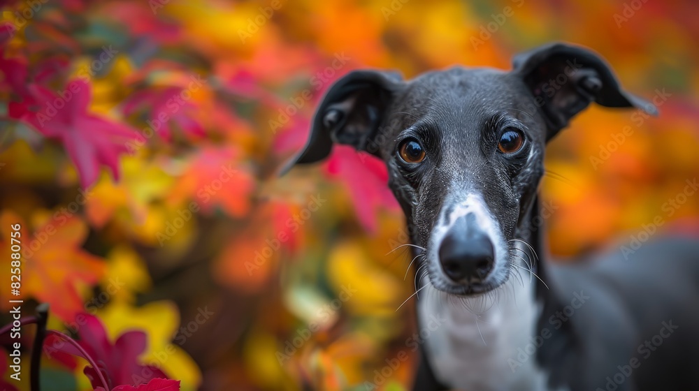 A black-and-white dog stands before a bush, its sides bordered by red and yellow leaves The backdrop is a blur of red, yellow, and orange leaves A black-and-white dog stands before a bush, its sides bordered by red and yellow leaves The backdrop is a blur of red, yellow, and orange leaves