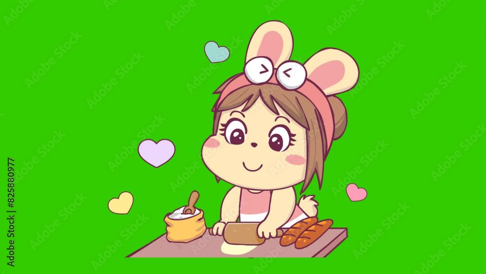Animated cute bunny girl kneading bread dough - Green Screen Animated cute bunny girl kneading bread dough - Green Screen
