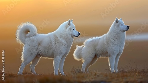  Two white dogs stand side by side on a green field as the sun sets behind them © Mikus