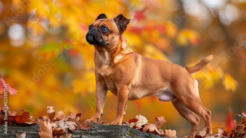  A small brown dog atop a leaf pile in front of an orange-yellow tree, red-leafed tree behind