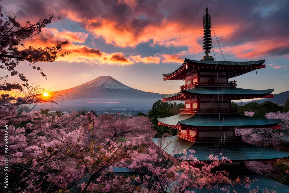Fototapeta premium mount fuji cherry blossoms japan sakura scenic landmark oriental destination