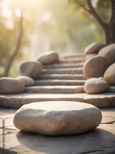 an empty stone podium for small objects in the foreground, blurred light background , soft light, high resolution
