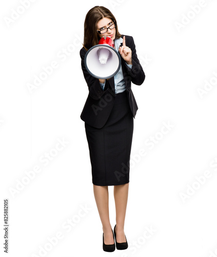 Portrait, business and woman in studio with megaphone for announcement, angry opinion and wrong decision. Bullhorn, corporate and annoyed girl for news notification and loud voice by white background