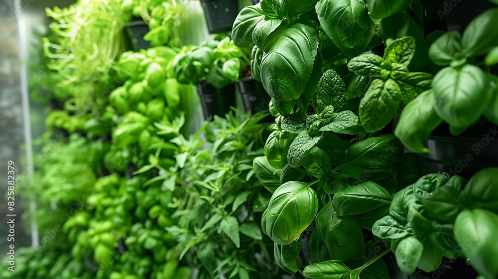 A kitchen with a live herb wall, where fresh basil, mint, and parsley cascade down from vertical planters A kitchen with a live herb wall, where fresh basil, mint, and parsley cascade down from vertical planters