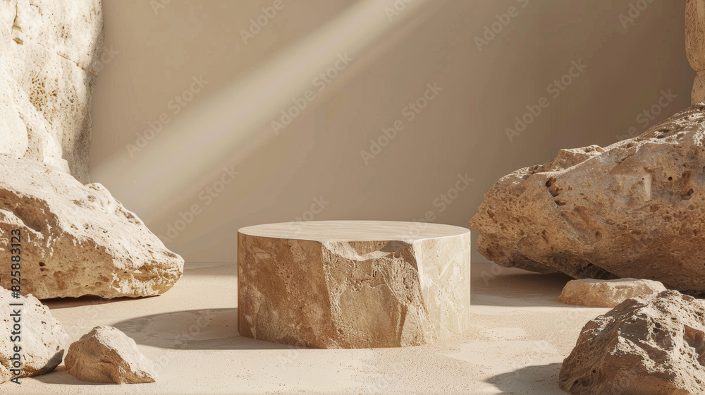 A clean 3D render of a brown stone pedestal surrounded by natural rocks, bathed in warm sunlight A clean 3D render of a brown stone pedestal surrounded by natural rocks, bathed in warm sunlight