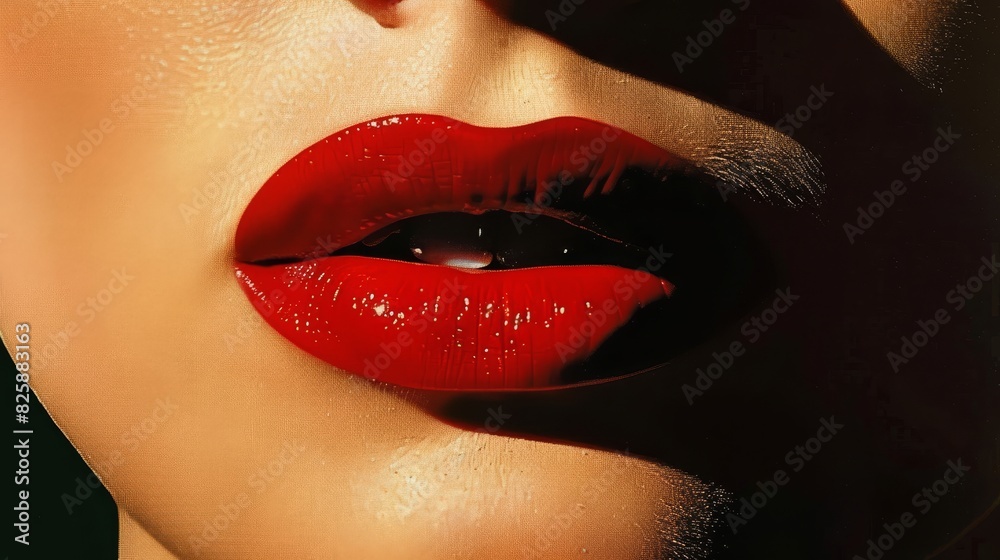 Obraz premium A tight shot of a woman's lips dotted with water droplets, accompanied by her shadow cast on the side of her face