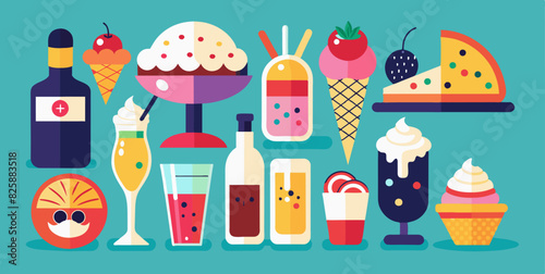 Assortment of drinks and desserts on a teal background