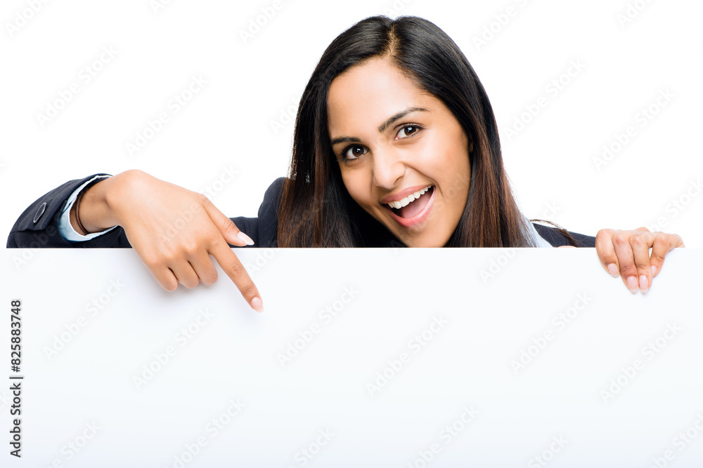 Business, woman and portrait in studio with poster for information, advertising and communication for promotion. Girl, mock up and billboard on white background for brand, logo and corporate news Business, woman and portrait in studio with poster for information, advertising and communication for promotion. Girl, mock up and billboard on white background for brand, logo and corporate news