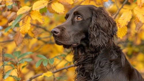  A tight shot of a dog before a tree with yellow leaves in the nearground, and a tree bearing green foliage in the background