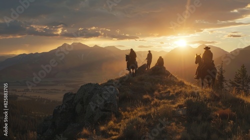 As the sun sets over the rugged mountain range the characters in this Western film must make difficult decisions as they navigate the treacherous terrain and confront their inner demons. photo