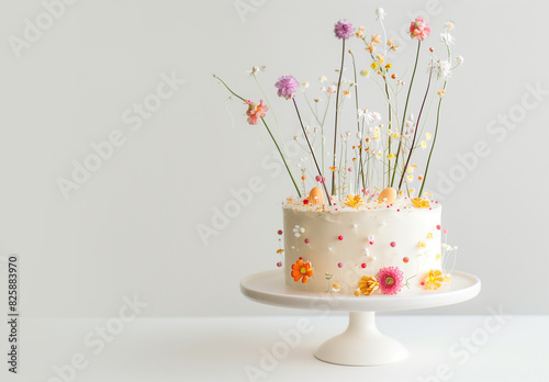 Anniversary sweet floral cake. Minimalistuc empty white background photo