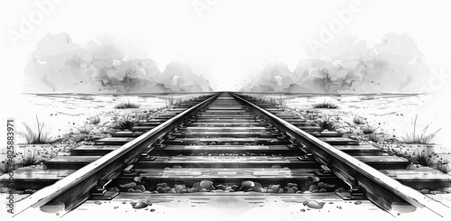 Simple train track illustration on a white background with flat design, simple lines and simple shapes in black on an isolated white background.