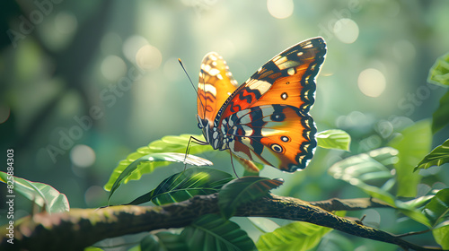 Butterfly on branch. Background with selective focus and copy space photo