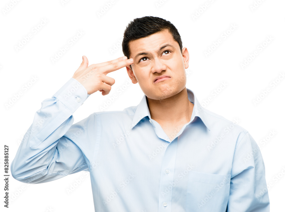 Stress, businessman and gun gesture with hand in studio for depression, frustrated or deadline on white background. Anxiety, burnout and person with weapon emoji for crisis, mental health or fail Stress, businessman and gun gesture with hand in studio for depression, frustrated or deadline on white background. Anxiety, burnout and person with weapon emoji for crisis, mental health or fail