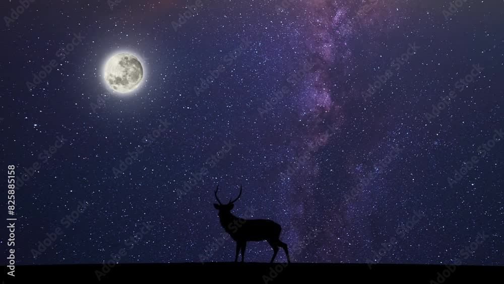 Silhouette of a horned deer against a night sky with moving vees and moon. Cinemagraph, looped seamless animation. 4k footage