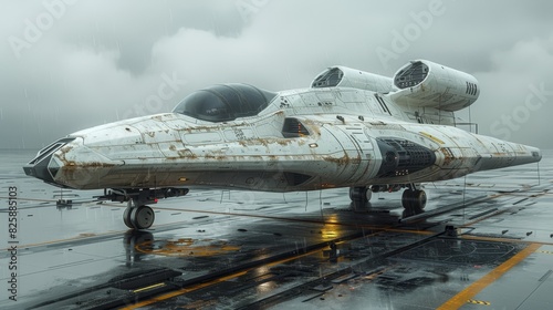 A futuristic spacecraft stands ready for liftoff on a glossy, rain-soaked runway, hinting at imminent space travel photo