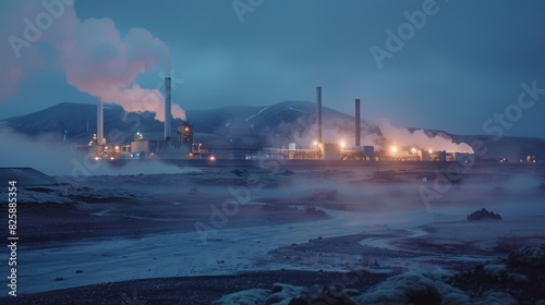 A geothermal power plant in the evening with the glow from its generators lighting up the darkness.