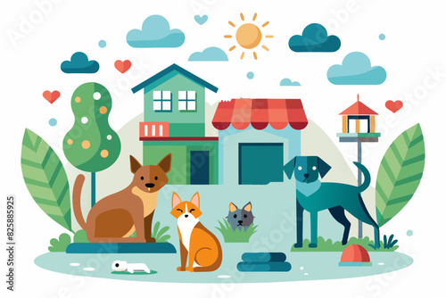 Pets in a Friendly Neighborhood. Illustration of various pets in a pet-friendly neighborhood with houses, trees, and a sunny background