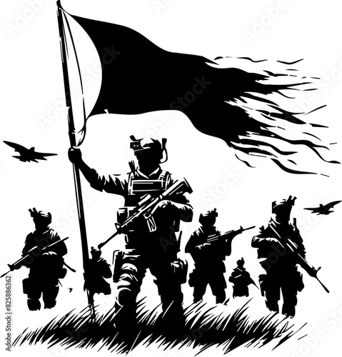 soldiers raising their flag on the battlefield in vector stencil illustration