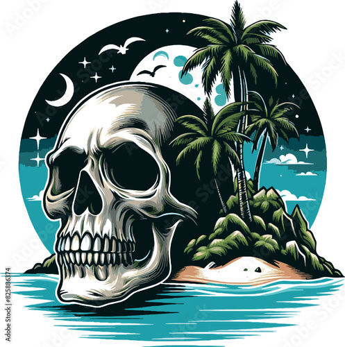 skull head on tropical beach decorated with blue moonlight and stars vintage logo badge vector illustration on white background