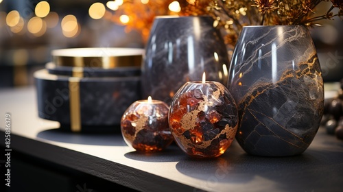 A retail background with bokeh lights, providing a soft and inviting ambiance for showcasing products on a table with a stone or concrete top, enhancing the visual appeal of the merchandise. photo