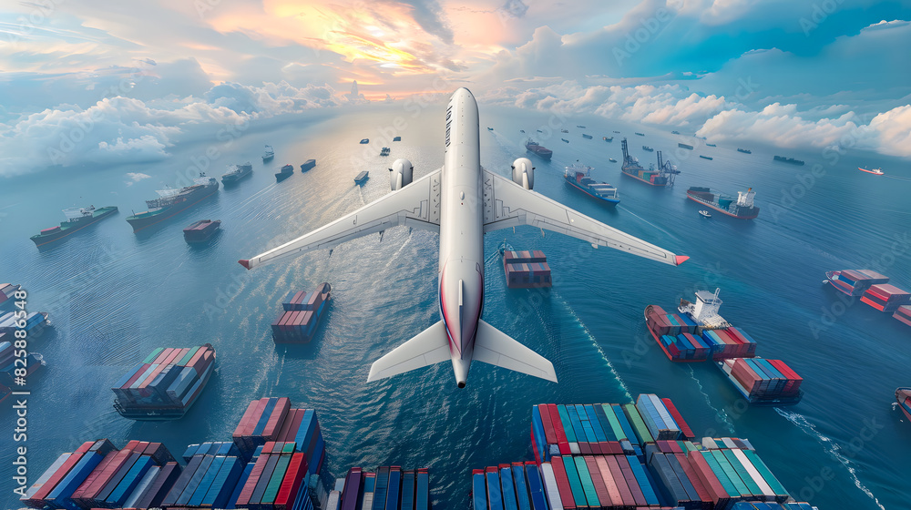 Fototapeta premium Cargo plane soars through sky, swiftly transporting freight containers across continents to meet global delivery demands