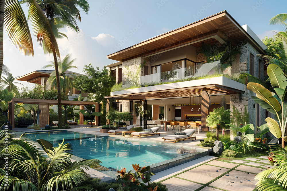 luxury house with tropical garden and swimming pool