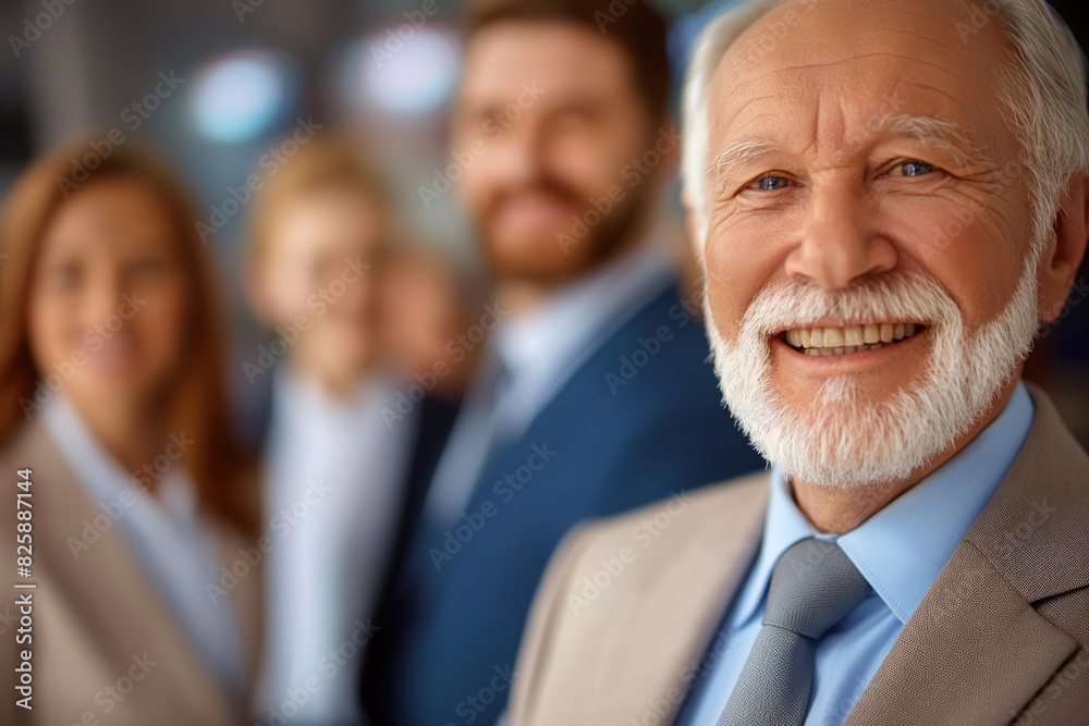 Senior man and his middle aged employees or coworkers business men and women smiling at camera selective focus Senior man and his middle aged employees or coworkers business men and women smiling at camera selective focus