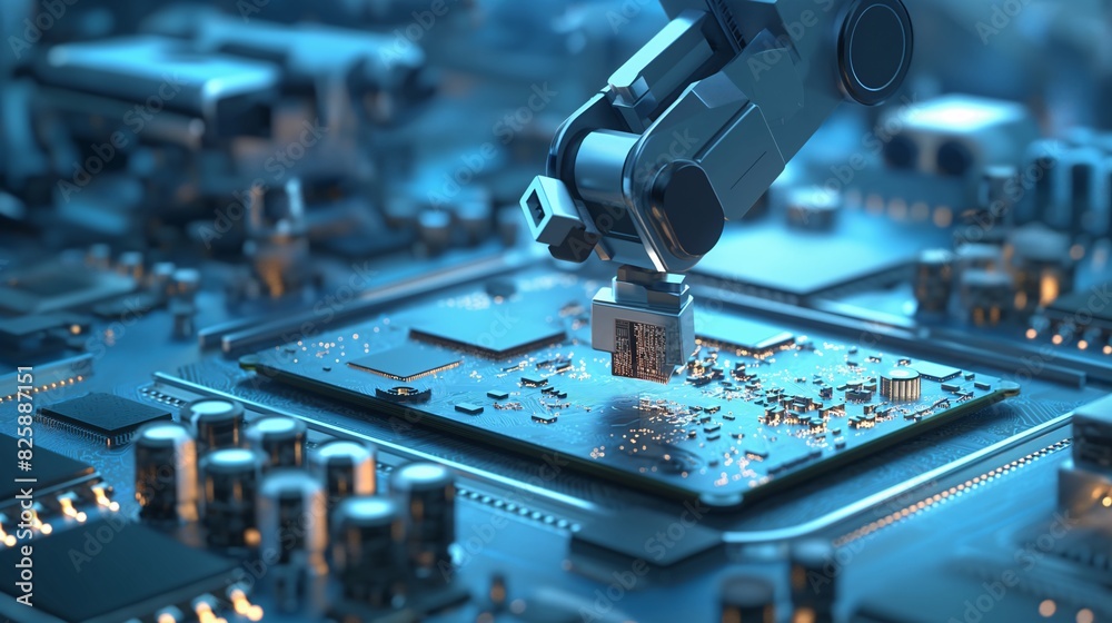 computer chip manufacturing plant Chips are being produced by a robot machine arm computer chip manufacturing plant Chips are being produced by a robot machine arm