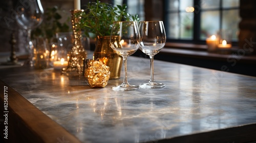 A retail background with soft bokeh lights illuminating a table with a stone or concrete top, providing a sophisticated ambiance to showcase products in a modern environment. © DARIKA
