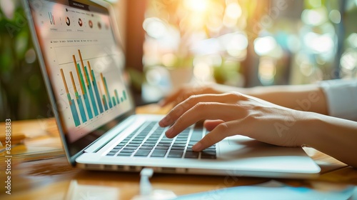 Person's hands typing on a laptop displaying charts and graphs, indicating data analysis work, at a well-lit desk with a blurry background.