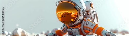 Astronaut in orange spacesuit with reflection of the sun on his helmet visor photo