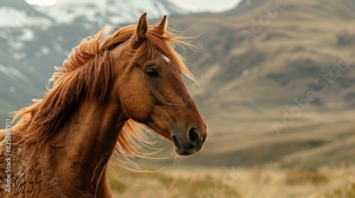 The profile of a majestic horse with its mane blowing in the wind framed by the rugged peaks of a mountain range.