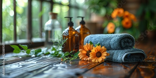 A wooden table is covered with towels  flowers  and bottles of soap